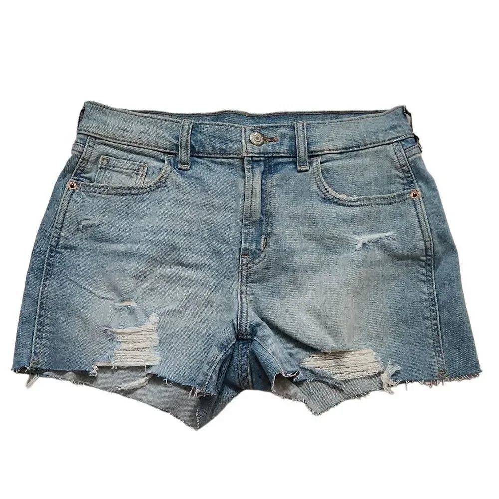 Old Navy Ladies Size 0 Light Blue Mid-Rise Boyfriend Distressed Cutoff Shorts
